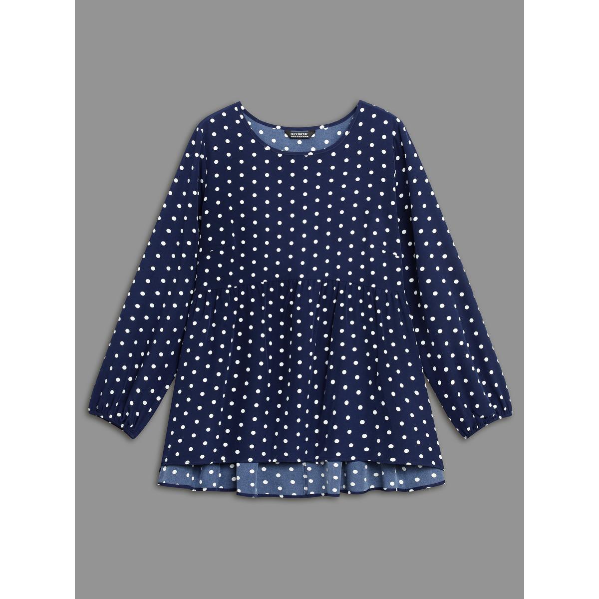 Plus Size Indigo Polka Dot Gathered Lantern Sleeve Blouse Women Elegant Long Sleeve Round Neck Everyday Blouses BloomChic 10/M Product Image
