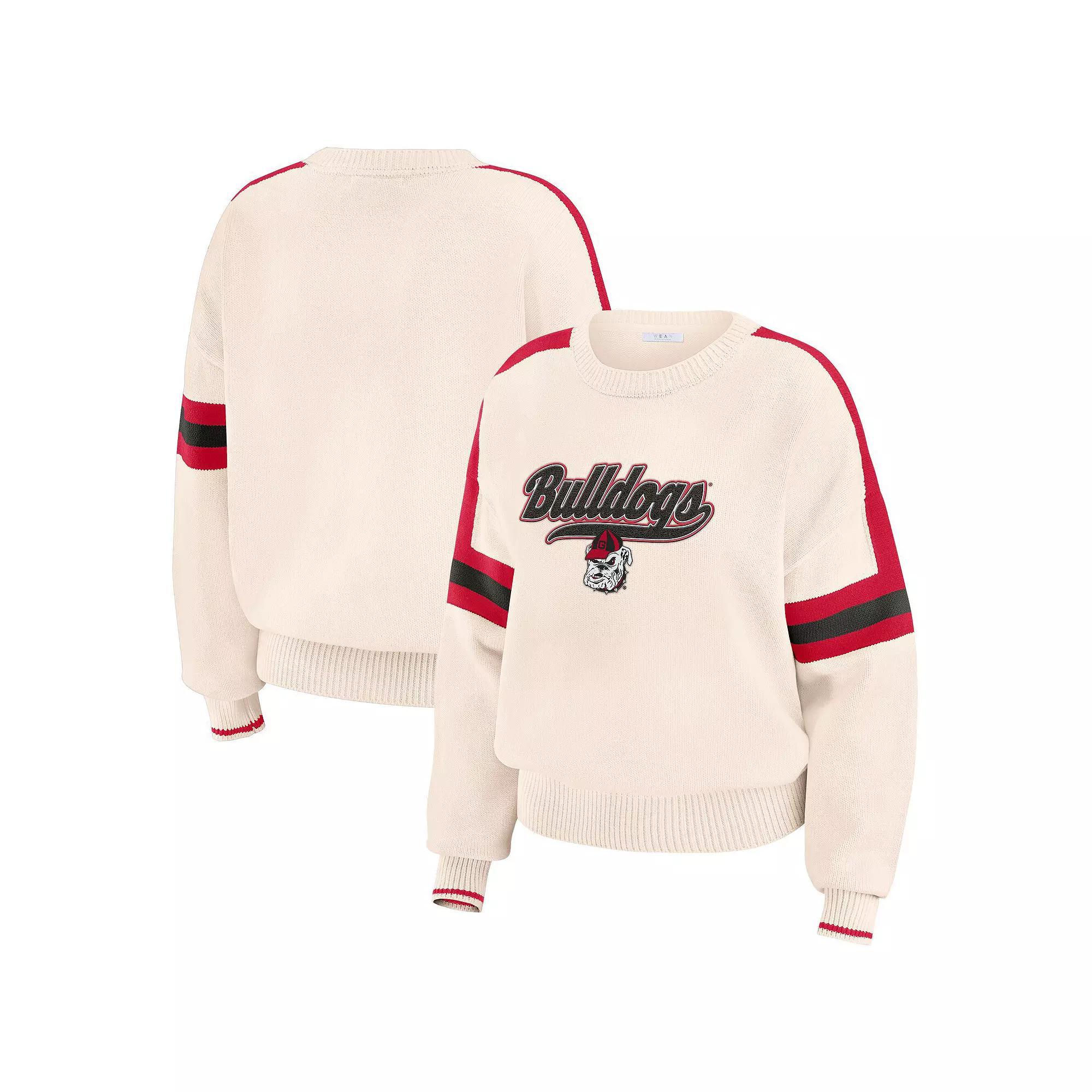 Women's WEAR by Erin Andrews  Cream Georgia Bulldogs Chenille Woven Patch Stripe Pullover Sweater, Size: XXL, Beige Product Image