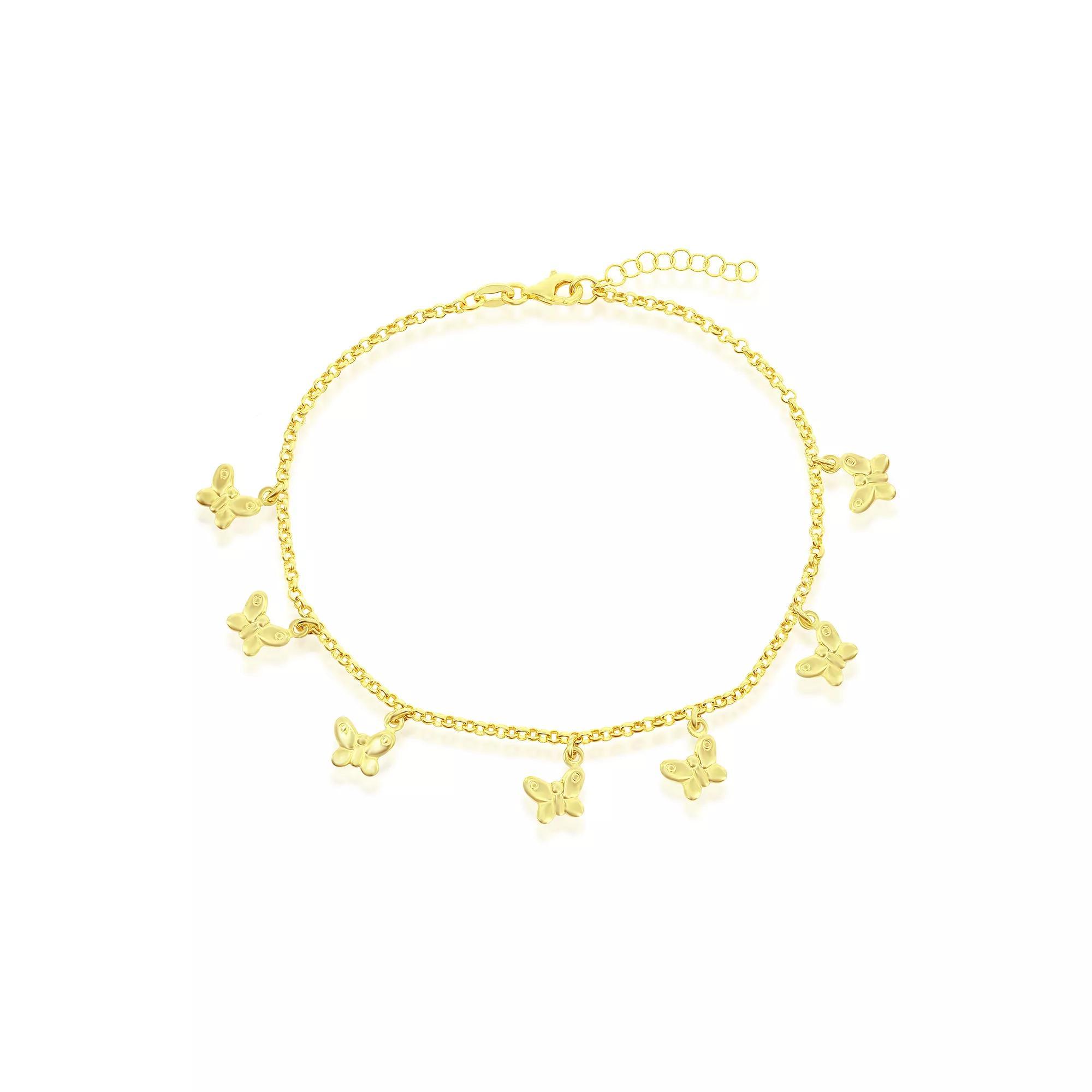 Argento Bella Gold Over Silver Butterfly Charms Rolo Chain Anklet, Women's, Size: 9-10" ADJ, Gold Tone Product Image