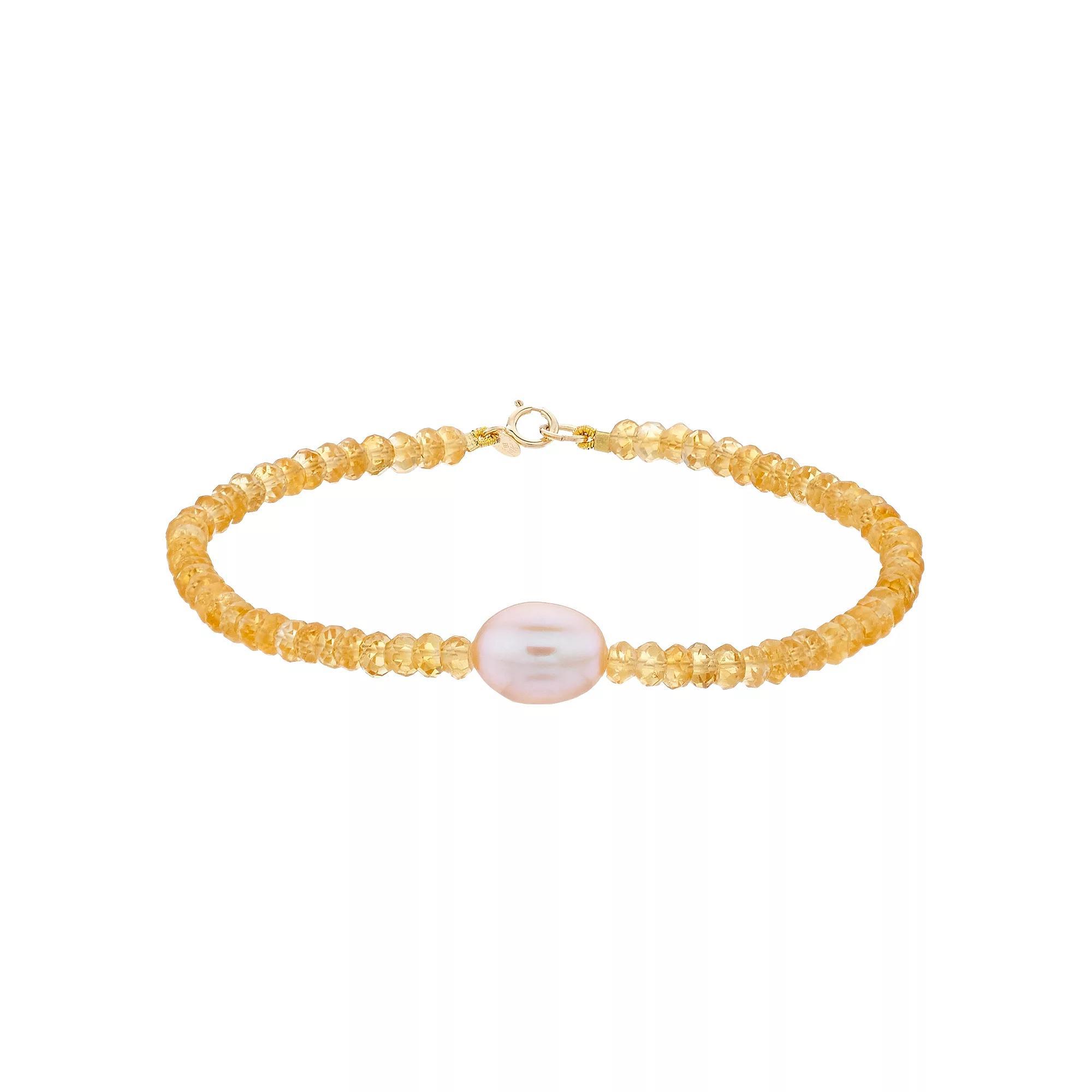 Jewelmak 14k Gold Citrine Rondelle Pink Freshwater Cultured Pearl Bracelet, Womens Product Image