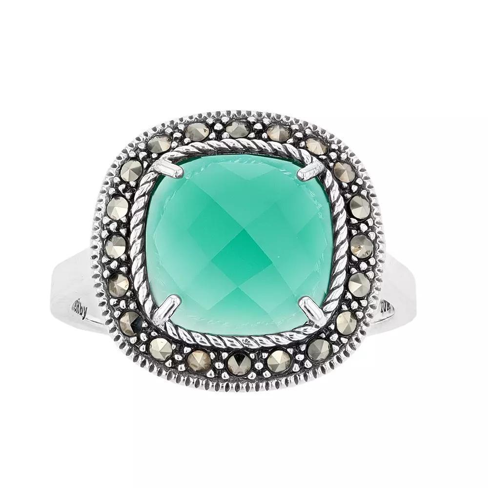 Lavish by TJM Sterling Silver Cushion Green Agate & Marcasite Ring, Women's, Size: 6 Product Image