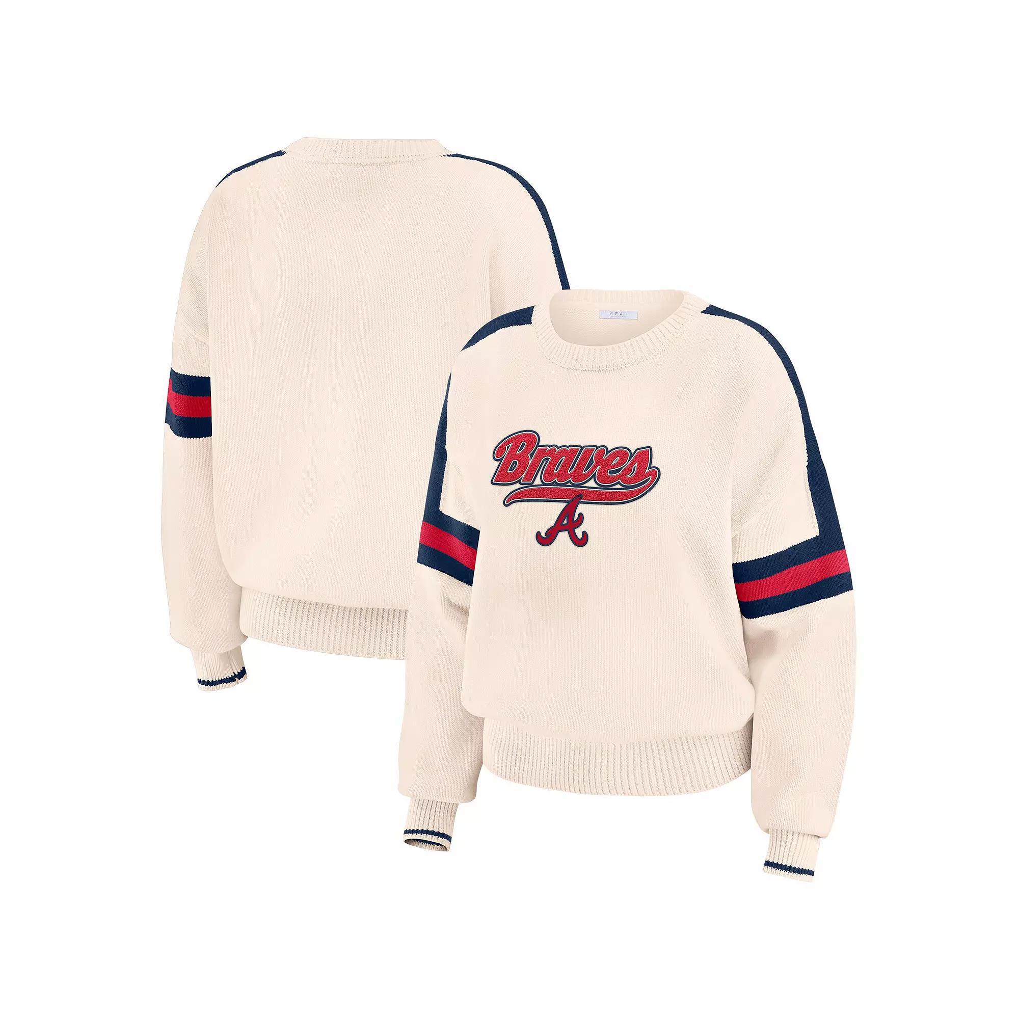 Women's WEAR by Erin Andrews  Cream Atlanta Braves Stripe Pullover Sweater, Size: 2XL, Beige Product Image