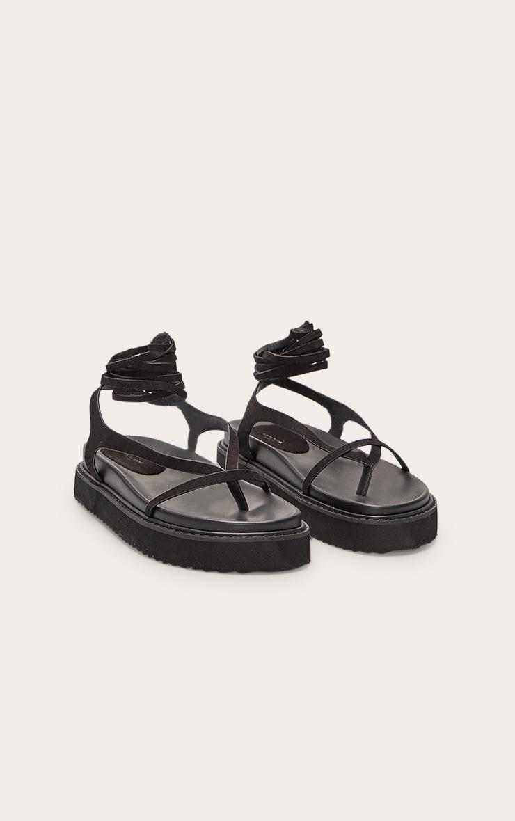 Black Wide Fit Faux Suede Round Toe Lace Up Footbed Sandals Product Image