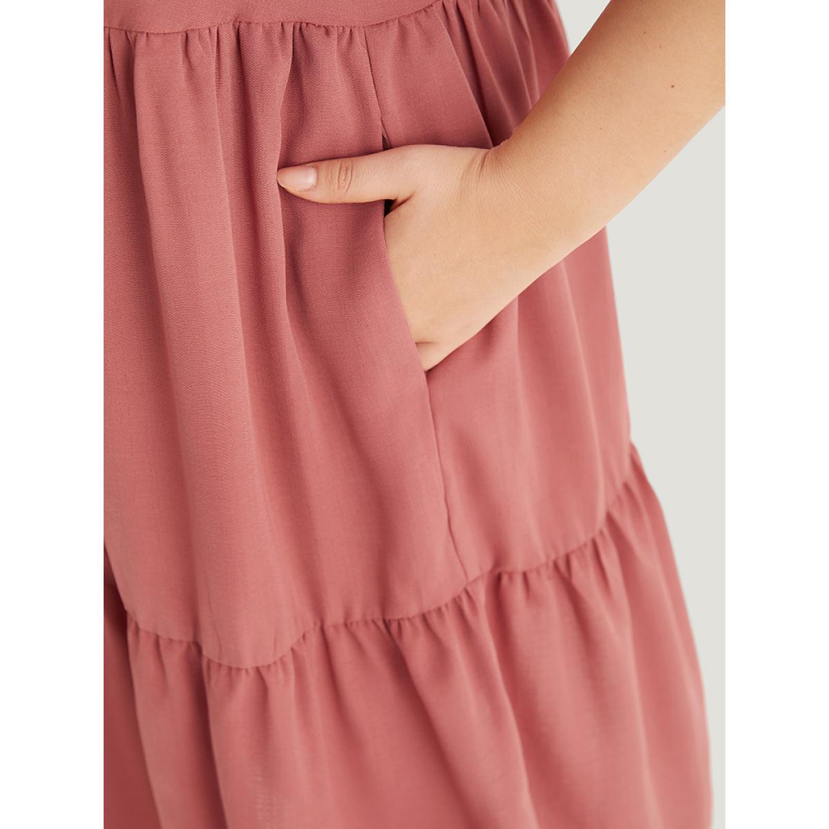 Plus Size Solid Notched Lantern Sleeve Ruffle Layered Hem Dress Watermelon Women Elegant Plain Notched collar Half Sleeve Curvy Knee Dress BloomChic 12/L Product Image