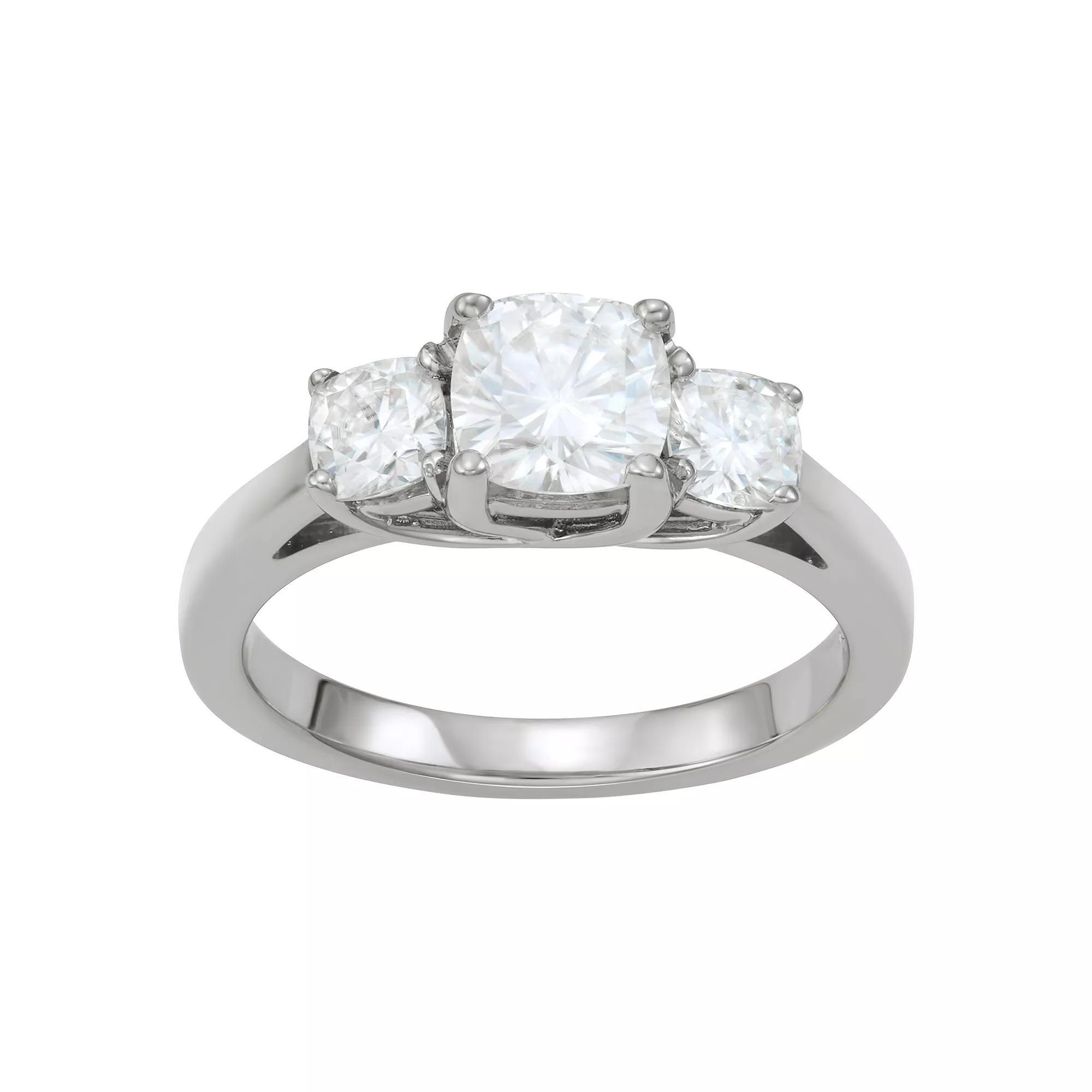 Charles & Colvard 14k White Gold 1 3/4 Carat T.W. Lab-Created Moissanite Cushion Three Stone Ring, Women's, Size: 9 Product Image