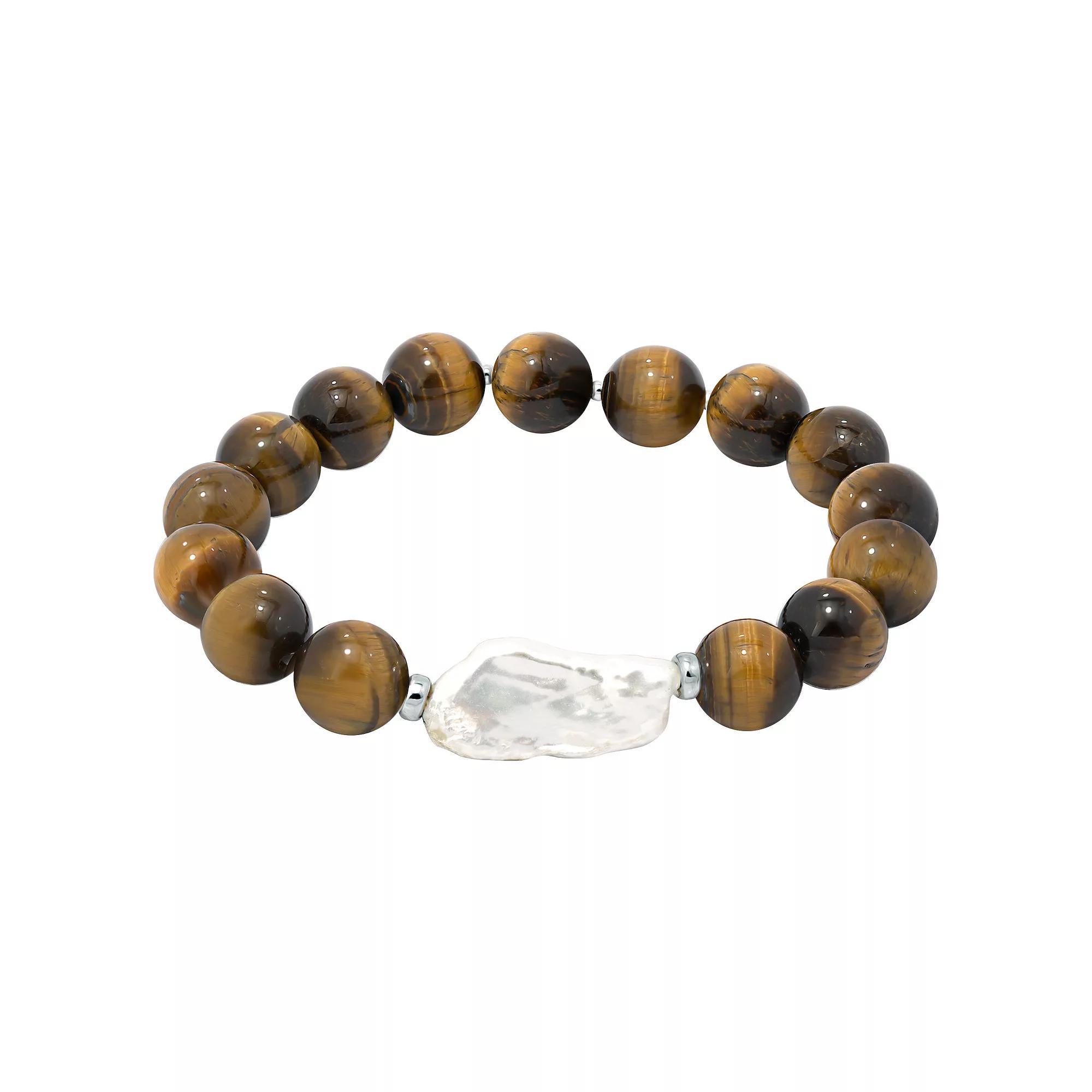 Aleure Precioso Gemstone & Biwa Cultured Pearl Stretch Bracelet, Women's, Size: 7.5", Tiger Eye Product Image