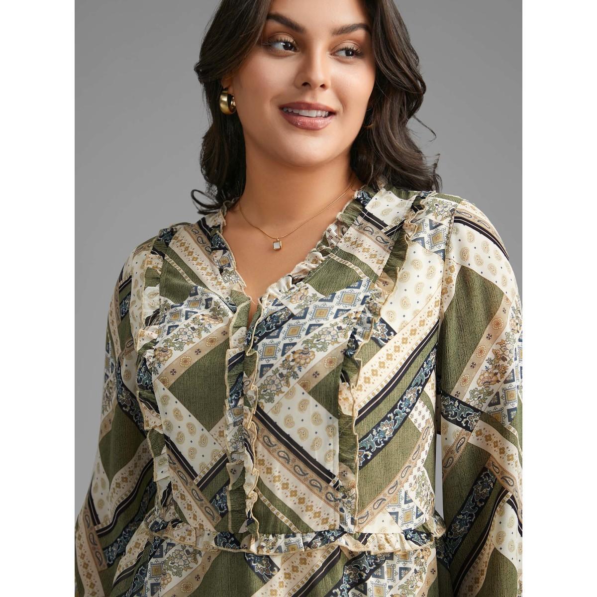 Plus Size Beige Bandana Print V Neck Ruffle Trim Blouse Women Elegant Long Sleeve V-neck Everyday Blouses BloomChic 10/M Product Image