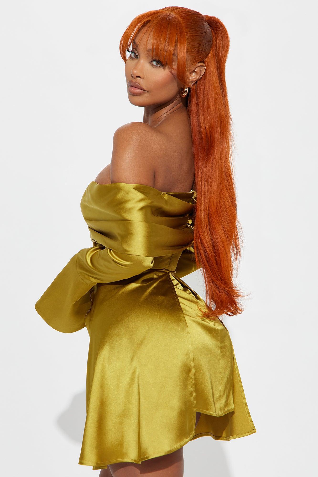 Kalena Off Shoulder Satin Mini Dress - Chartreuse Product Image