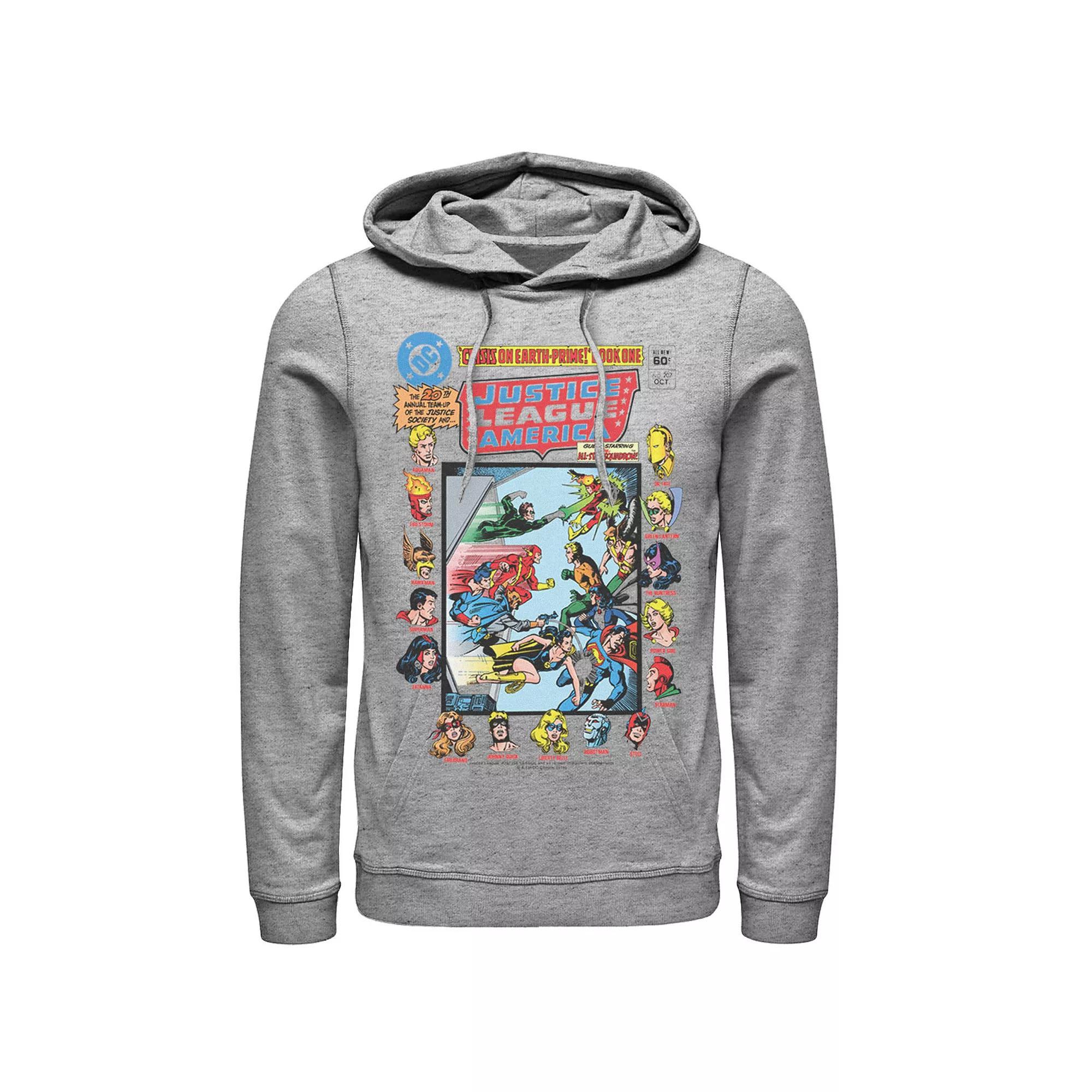 Mens Justice League Crisis On Earth Vintage Cover Hoodie Athletic Grey Product Image