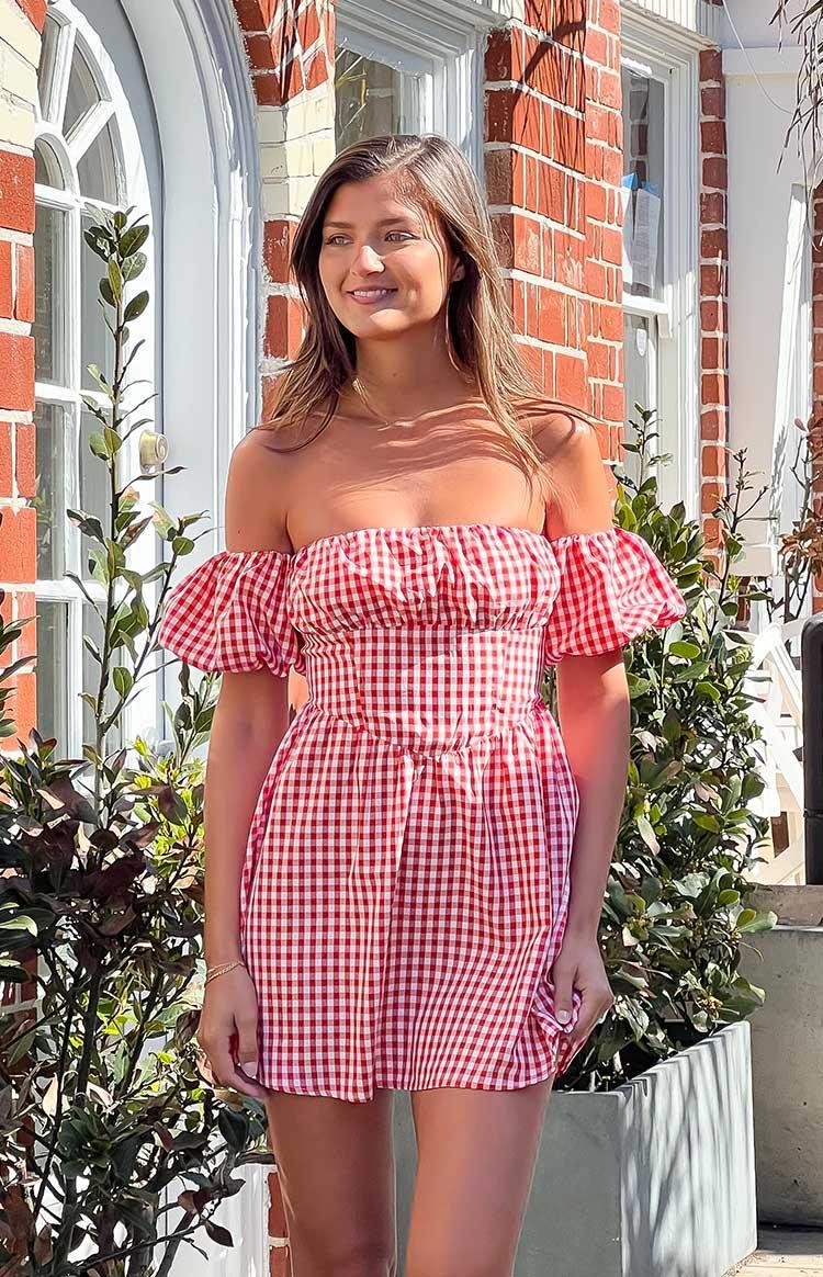 Love Lost Off The Shoulder Red Gingham Mini Dress Product Image