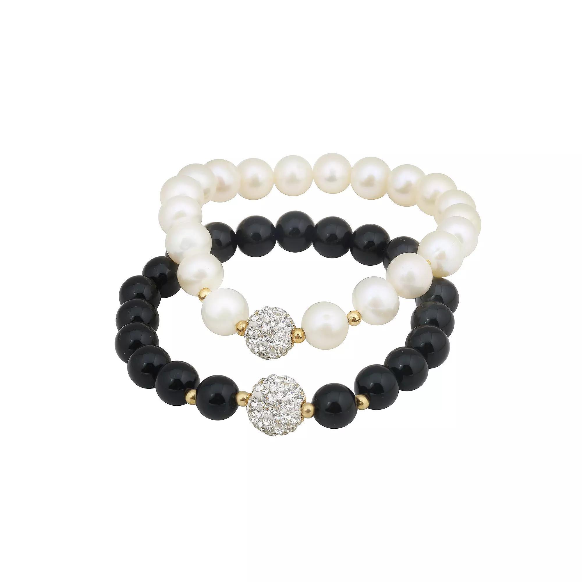 2-Pair Freshwater Cultured Pearl & Black Onyx Stretch Bracelet Set, Women's, Size: 7.5", 14k Gold Product Image