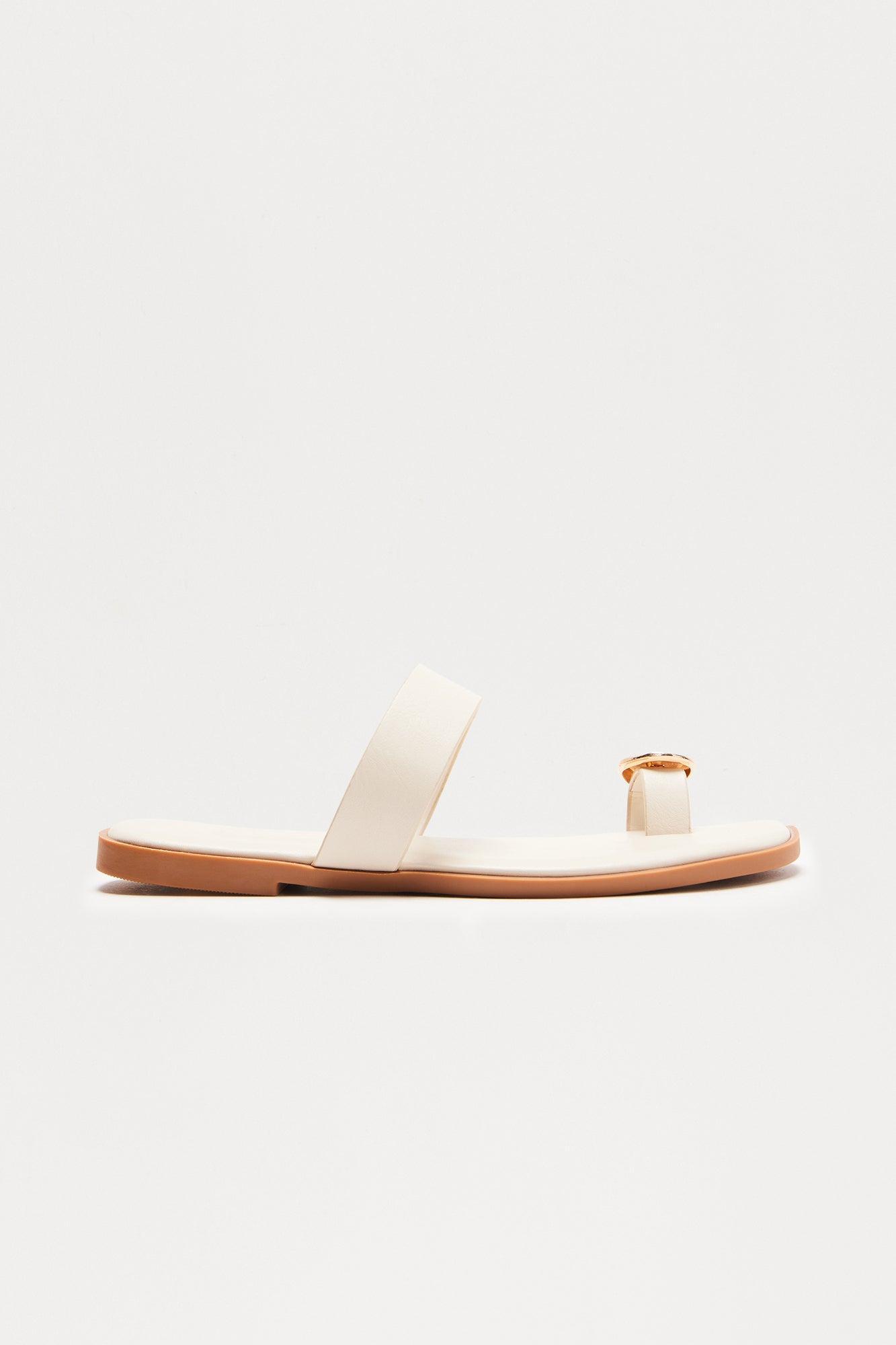Stone Hardware Toe Ring Slip On Sandals - Cream Product Image