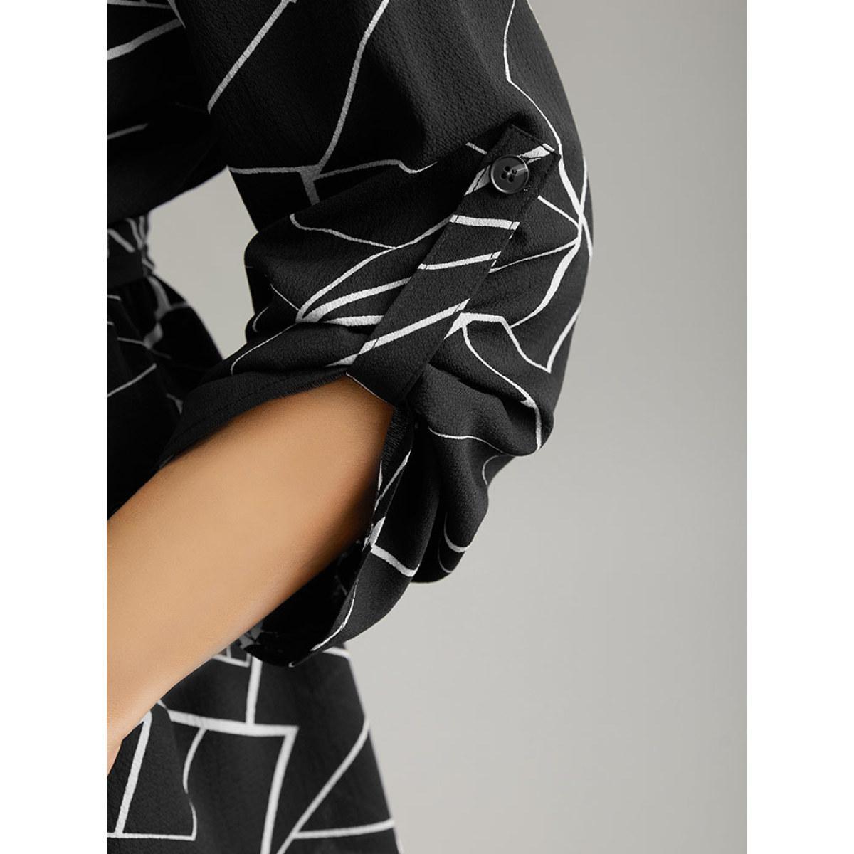 Plus Size Black Geometric Print Tab Sleeve Belted Wrap Blouse Women Office Long Sleeve V-neck Work Blouses BloomChic 18-20/2X Product Image