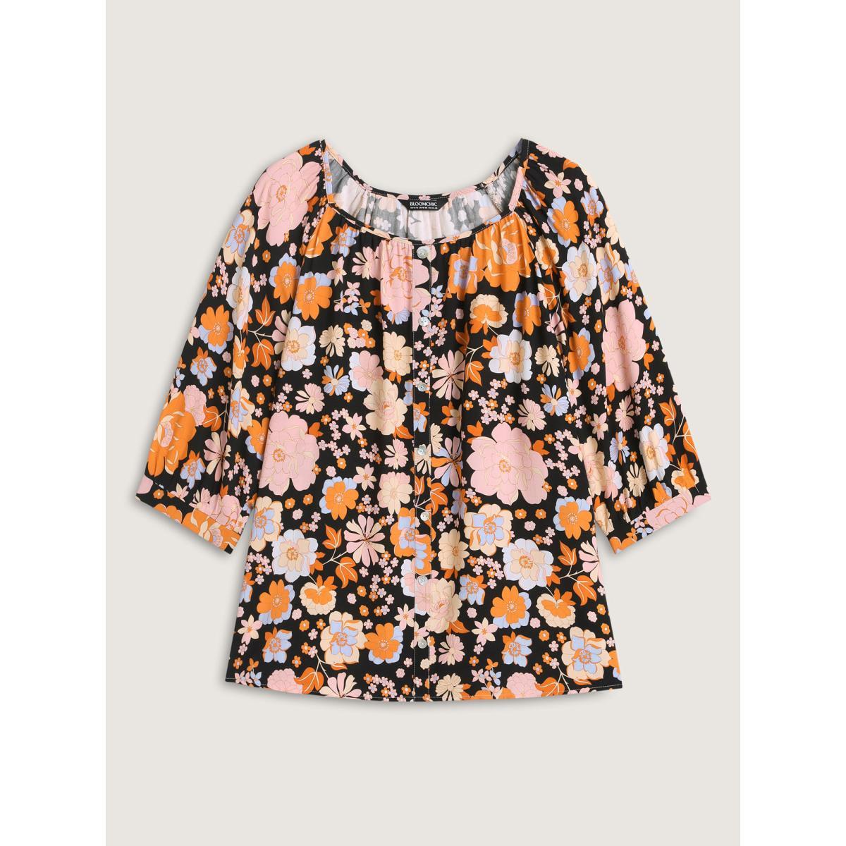 Plus Size Black Floral Textured Button Placket Blouse Women Elbow-length sleeve Round Neck Everyday-Elegant Blouses BloomChic 30/6X Product Image