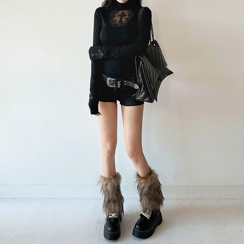 Long-Sleeve Mock Neck Cross Applique Mesh Panel Slim Fit Tee Product Image