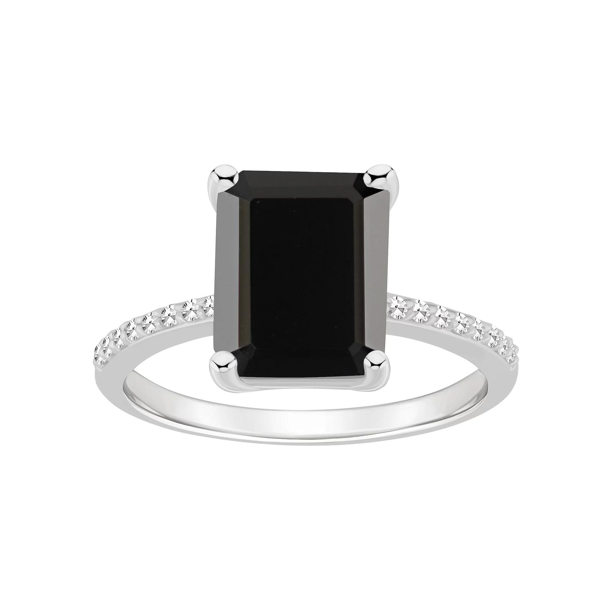 Alyson Layne Sterling Silver Emerald Cut Black Onyx 1/10 Carat T.W. Diamond Ring, Womens Product Image