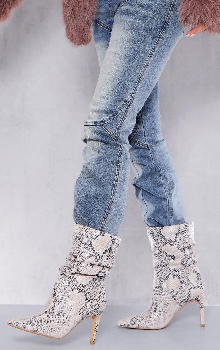 Snake Print PU Point Toe Ruched High Heeled Ankle Boots Product Image