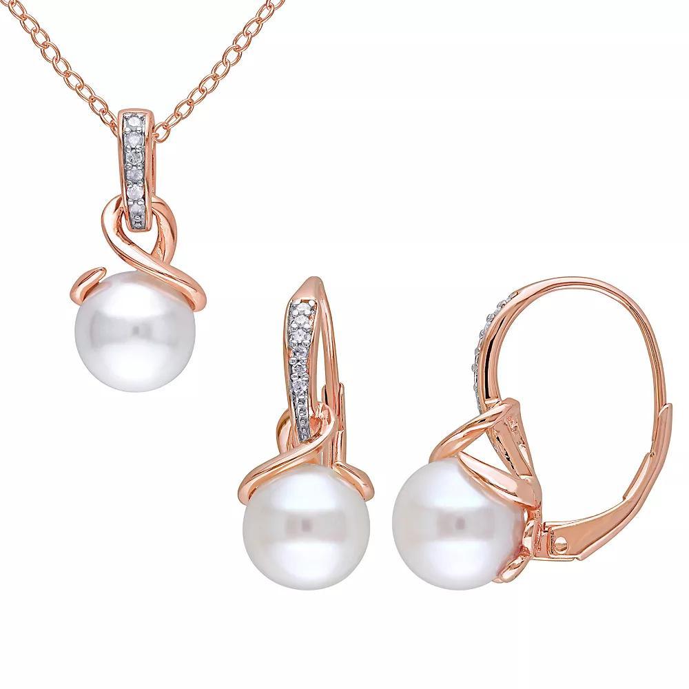 Stella Grace 18k Rose Gold Over Silver Freshwater Cultured Pearl & 1/10 Carat T.W. Necklace & Earring Set, Women's, Size: 18", 18k Gold Product Image