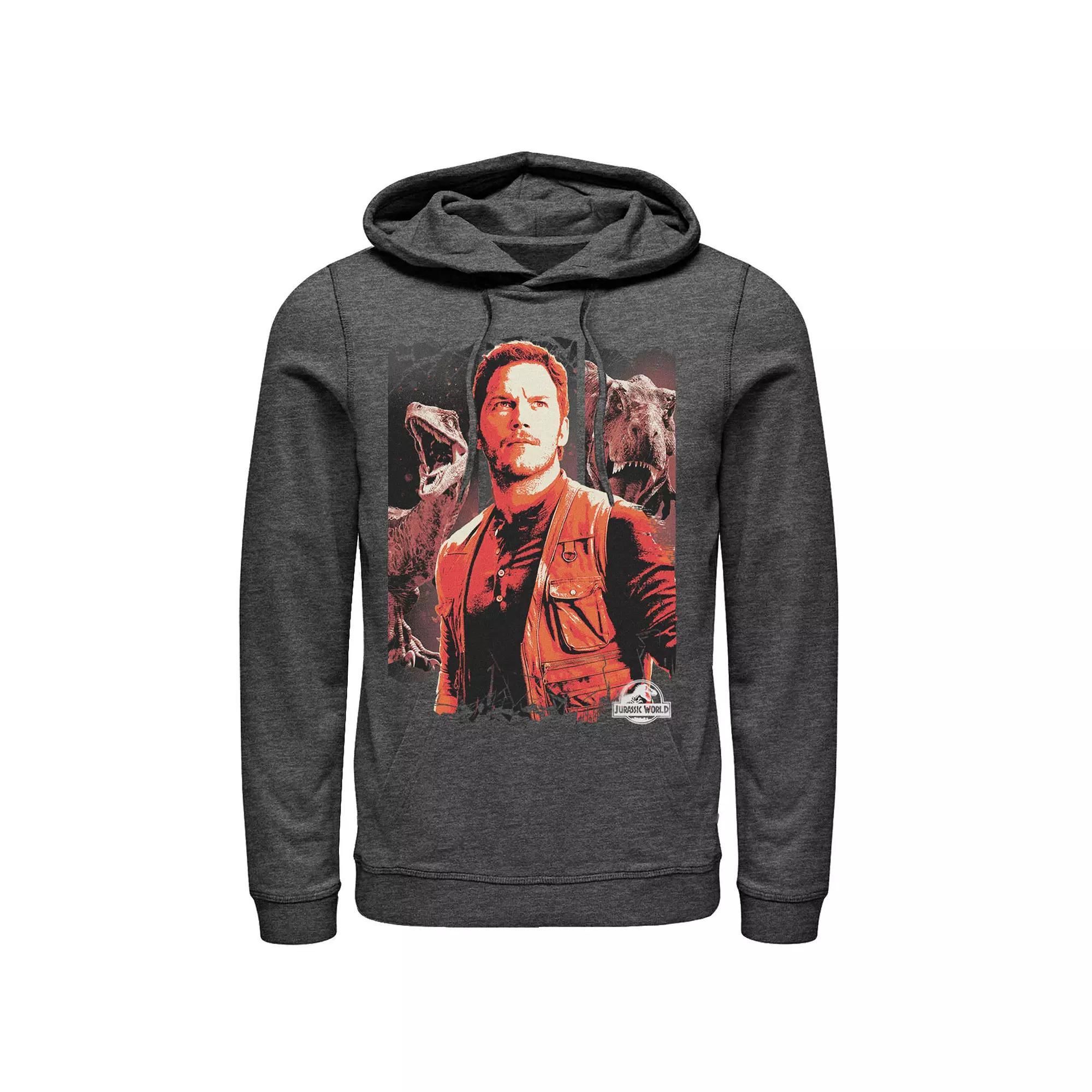 Men's Jurassic World Two Owen and Dinosaurs Red Hue Panel Portrait Hoodie, Size: Large, Black Product Image