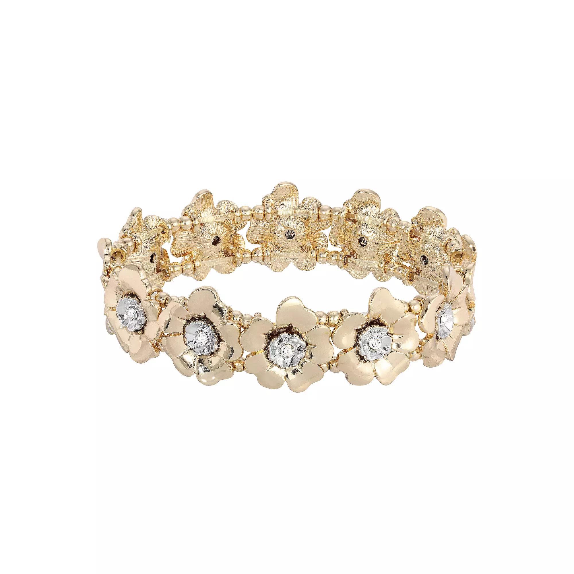 1928 Two Tone Crystal Flower Stretch Bracelet, Womens, Yellow Product Image
