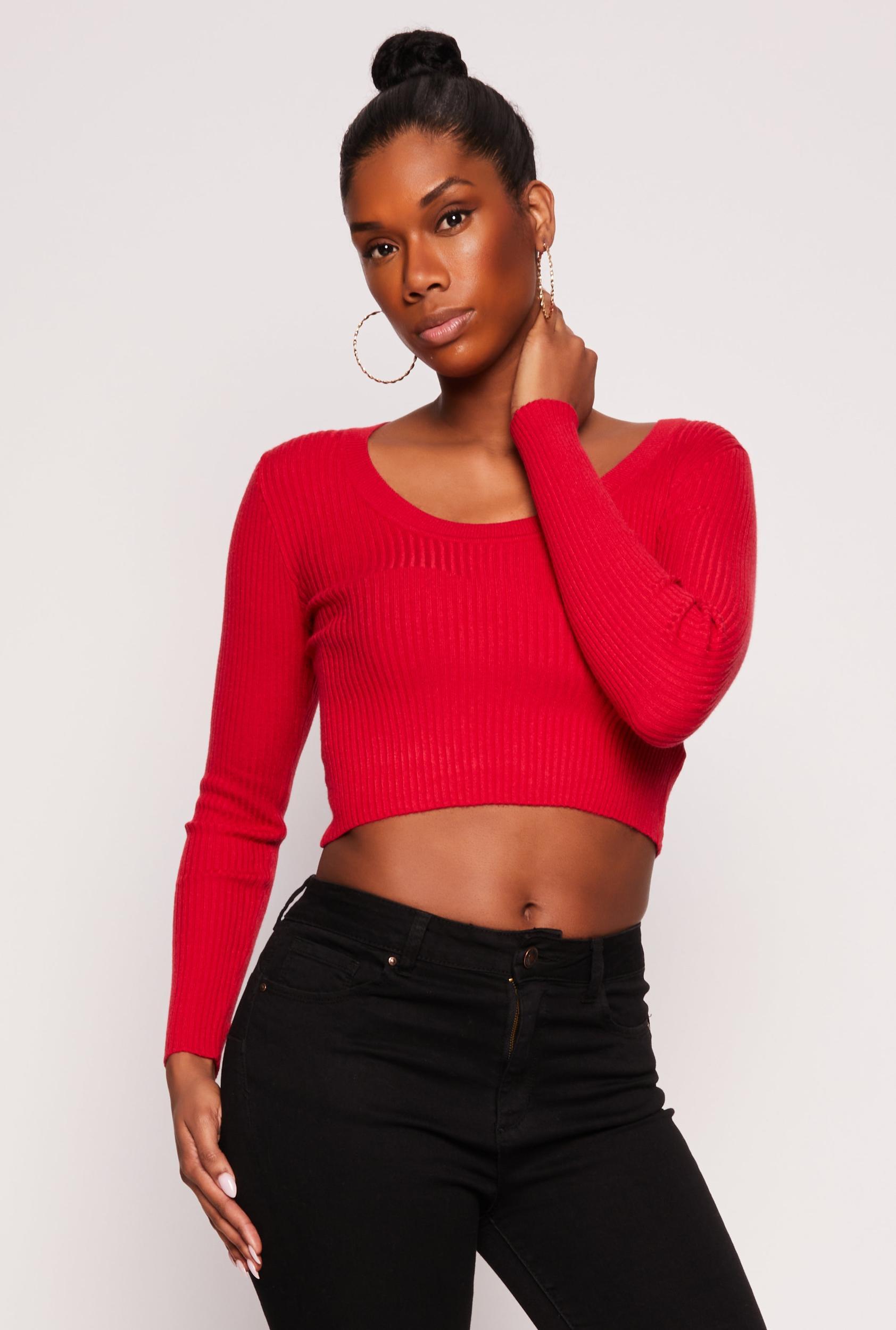 Womens Rib Knit Scoop Neck Long Sleeve Crop Top Product Image