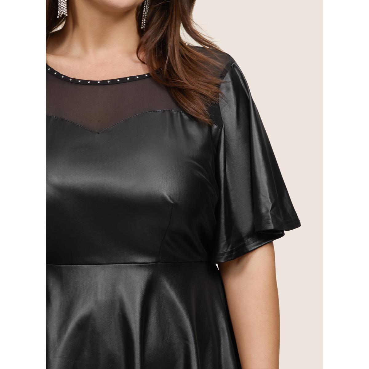 Plus Size Black PU Leather Mesh Patchwork Pearl Beaded Blouse Women Glamour Short sleeve Round Neck Party Blouses BloomChic 12/L Product Image