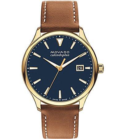 Movado Mens Heritage Quartz Analog Cognac Navy Dial Leather Strap Watch Product Image
