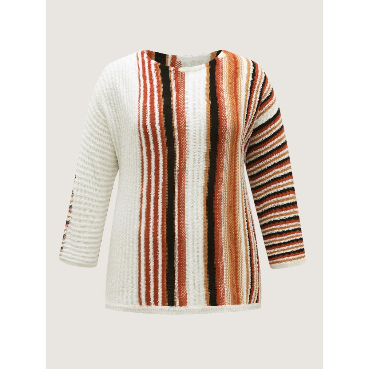 Plus Size Earthy Stripes Drop Shoulder Lightweight Pullover Ivory Women Resort Loose Long Sleeve Boat Neck Vacation Pullovers BloomChic 28/5X Product Image