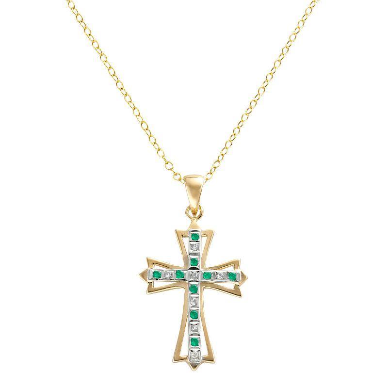 18k Gold-Over-Silver Emerald and Diamond Accent Cross Pendant, Women's, Yellow Product Image