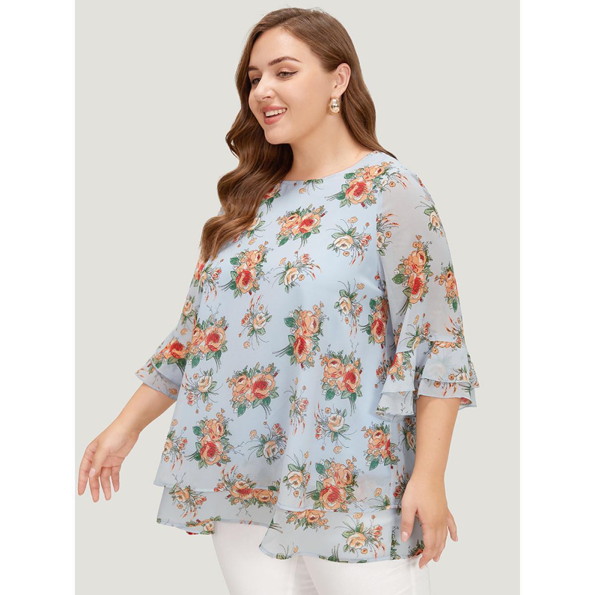 Plus Size LightBlue Floral Ruffle Sleeve Layered Hem Blouse Women Elegant Elbow-length sleeve Round Neck Dailywear Blouses BloomChic 26/4X Product Image