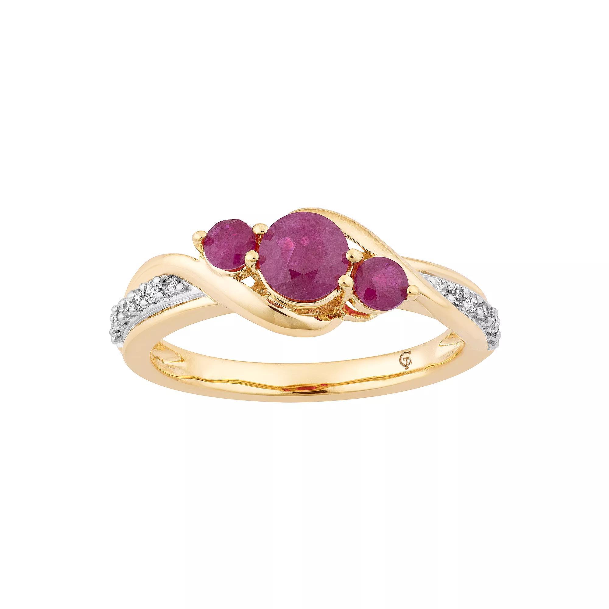 10k Gold Ruby & 1/10 Carat T.W. Diamond 3-Stone Ring, Women's, Size: 6 Product Image