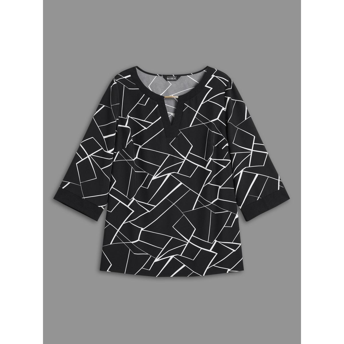 Plus Size Black Geometric Print Metal Detail Spliced Blouse Women At the Office Elbow-length sleeve Round Neck Work Blouses BloomChic 12/L Product Image