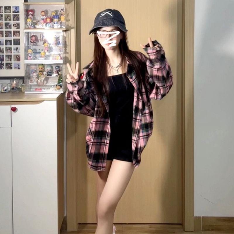 Long-Sleeve Plaid Oversized Shirt Product Image