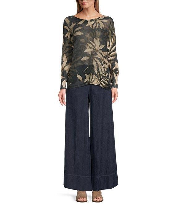 M Made in Italy Leaf Printed Scoop Neck Long Sleeve Knit Top Product Image