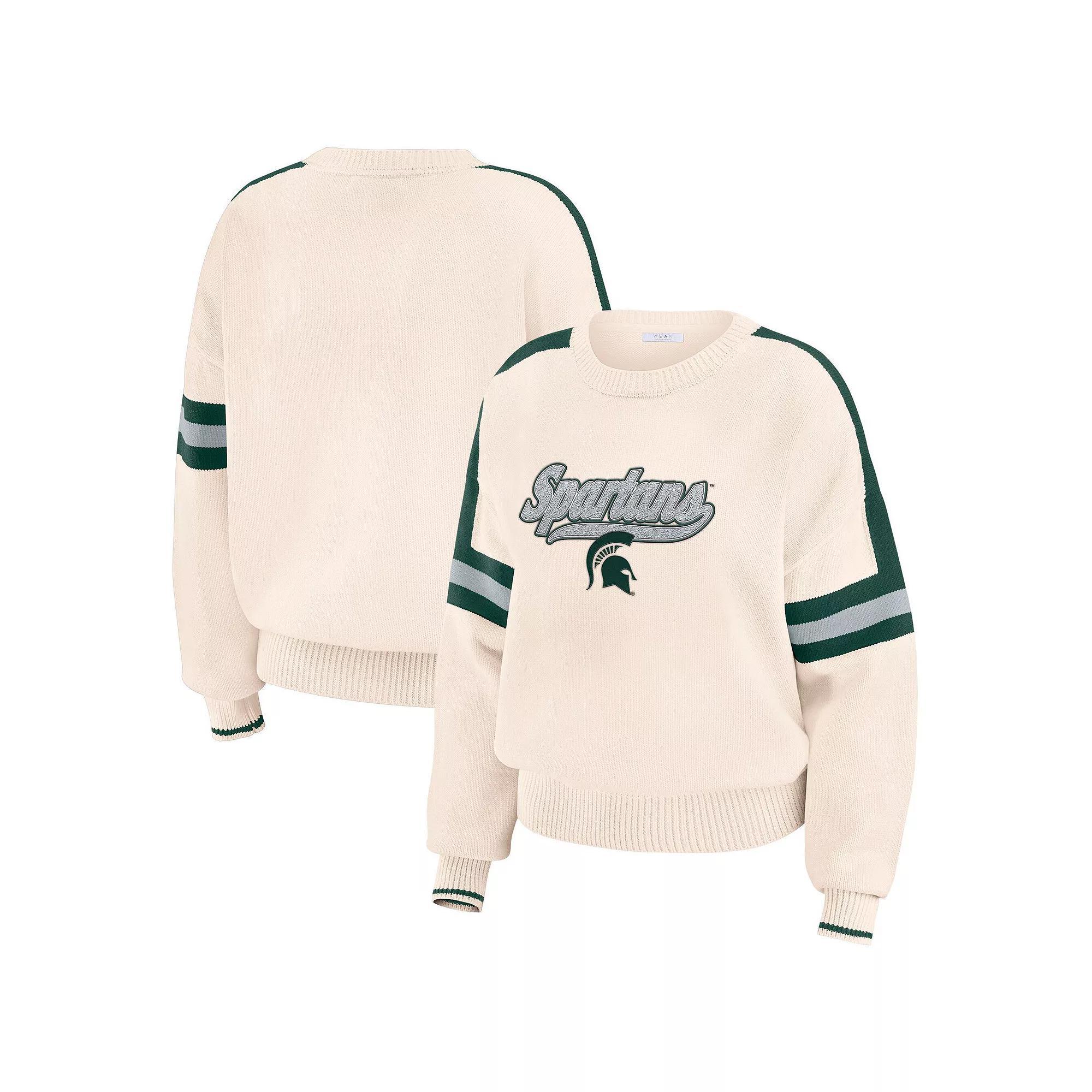 Women's WEAR by Erin Andrews  Cream Michigan State Spartans Chenille Woven Patch Stripe Pullover Sweater, Size: XXL, Beige Product Image
