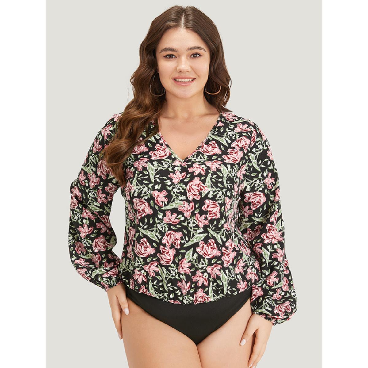 Plus Size Floral Print V Neck Elastic Waist Lantern Sleeve Bodysuit Women BlackFlower Natural Flowers Printed Bodysuits BloomChic 10/M Product Image