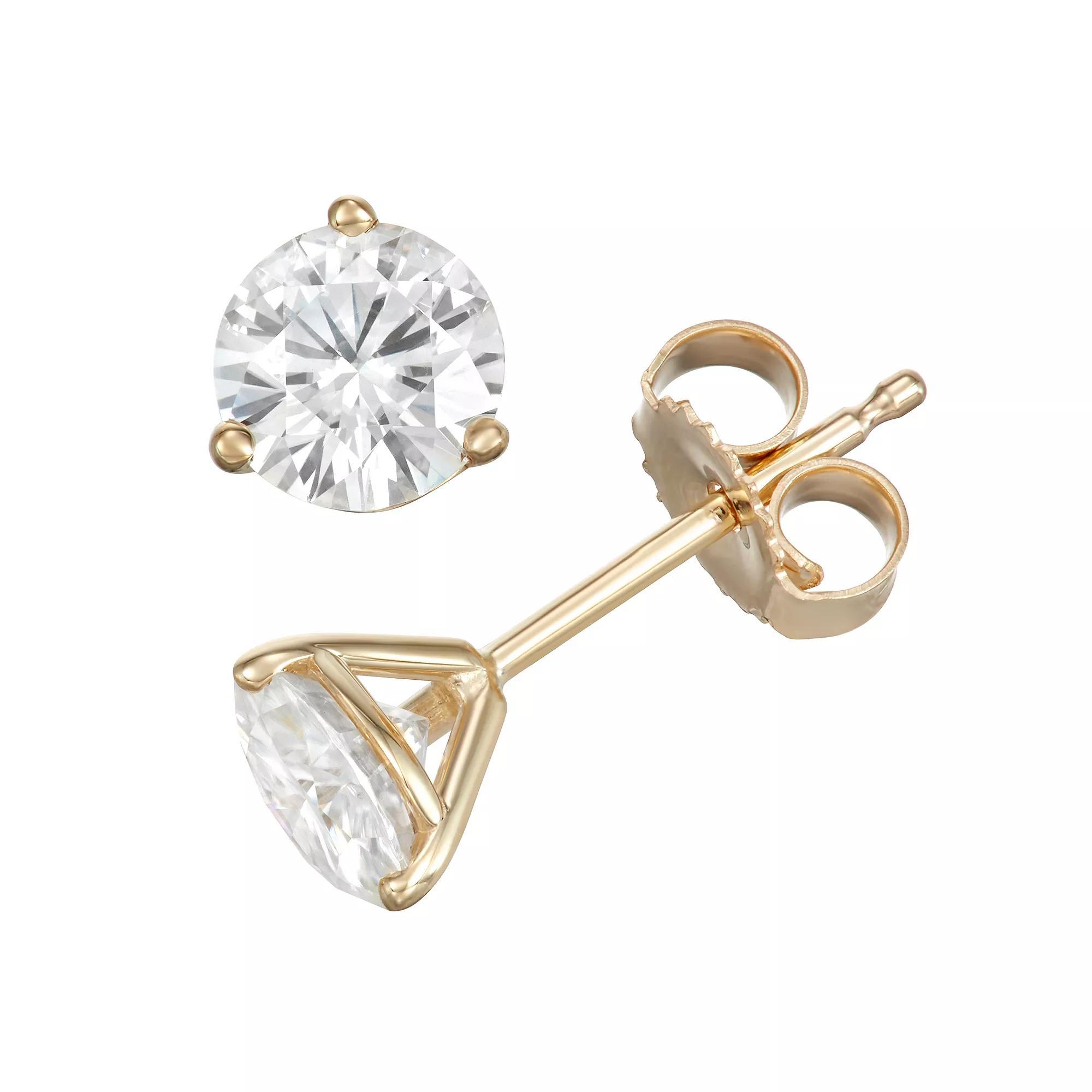 14k Gold 1 Carat T.W. Lab-Created Moissanite Solitaire 3-Prong Stud Earrings, Women's, Yellow Product Image