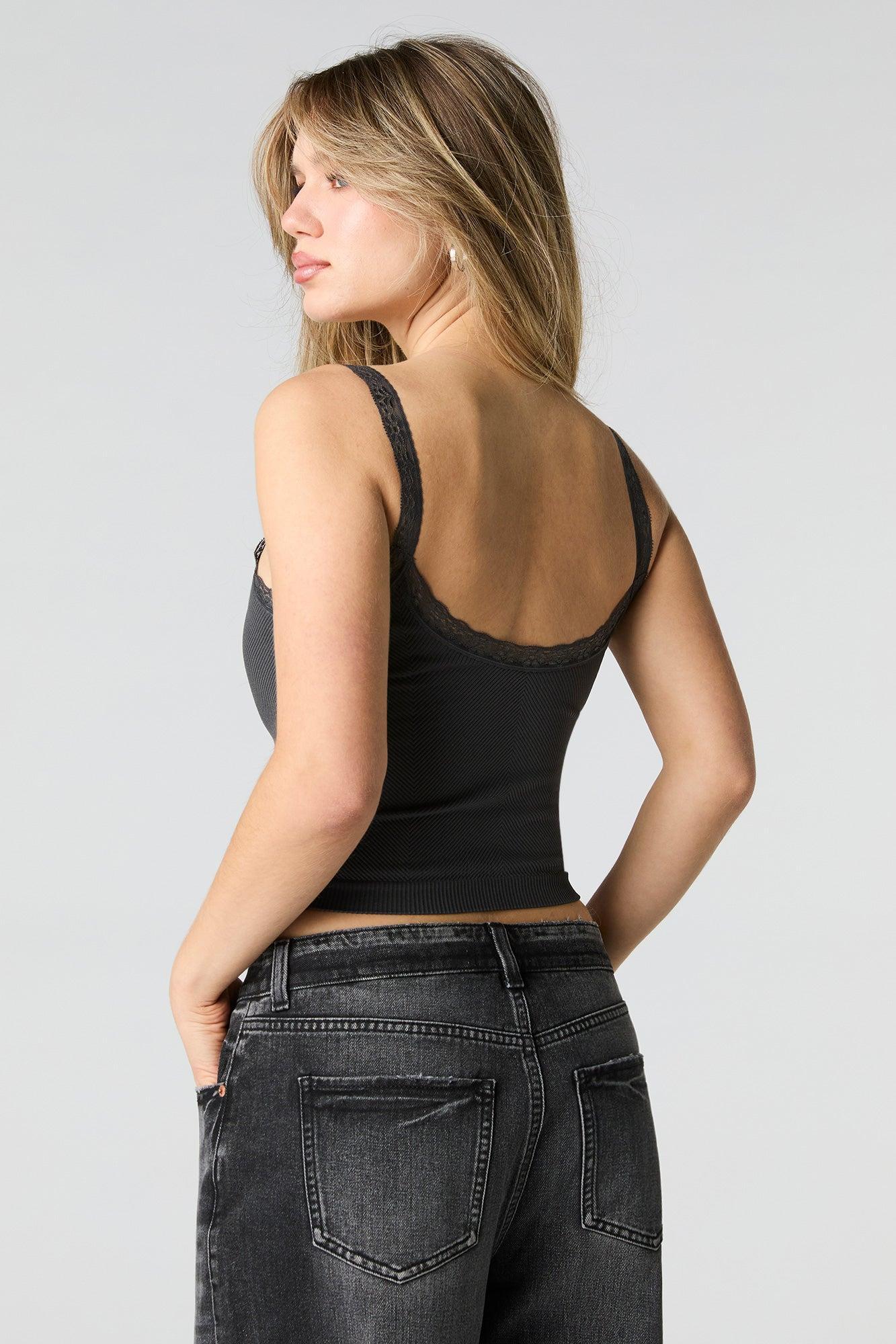 Ribbed Lace Trim Tank with Built-In Bra Cups Female Product Image