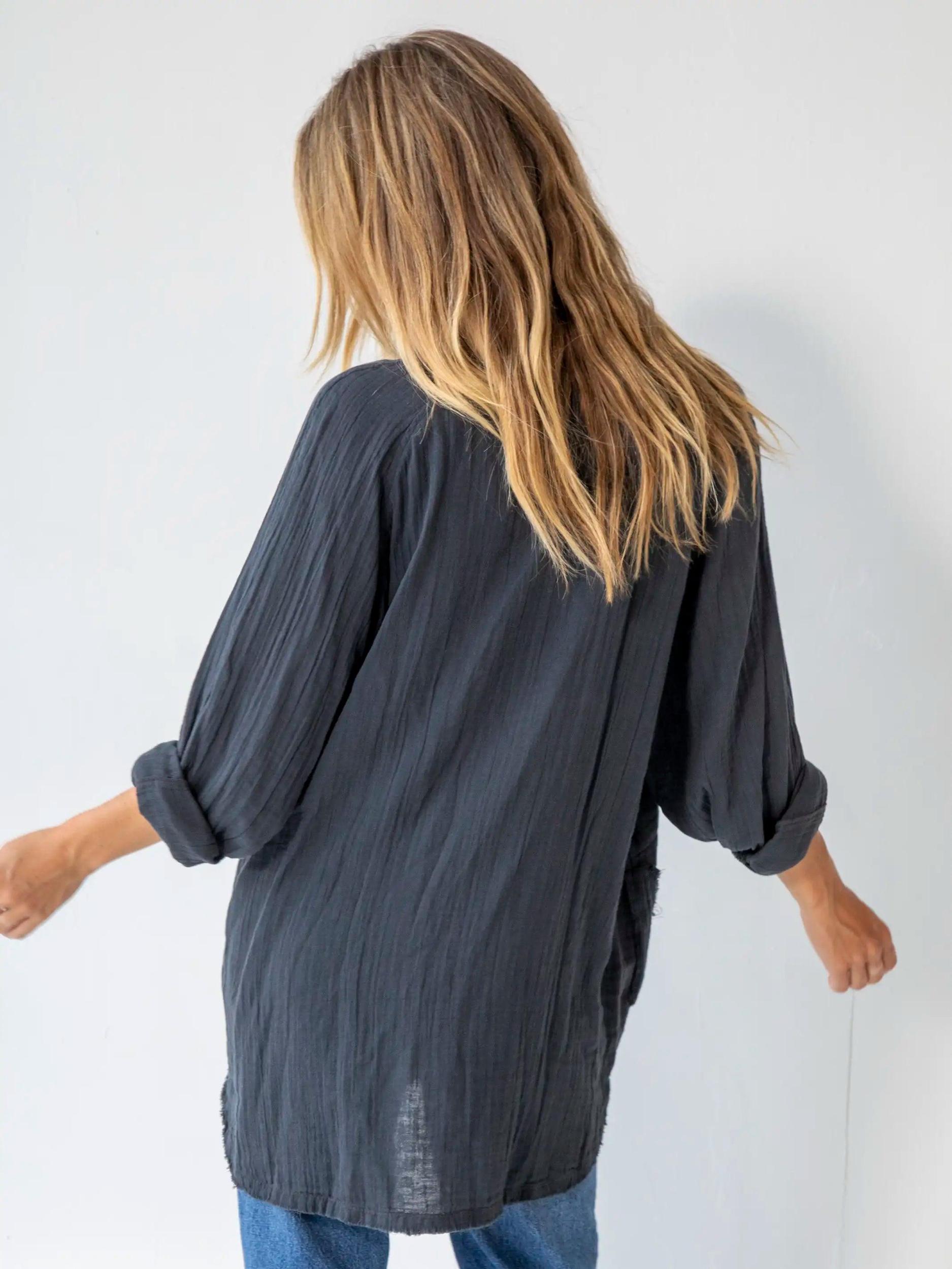 Laid Back Cotton Button Down Top - Charcoal Product Image