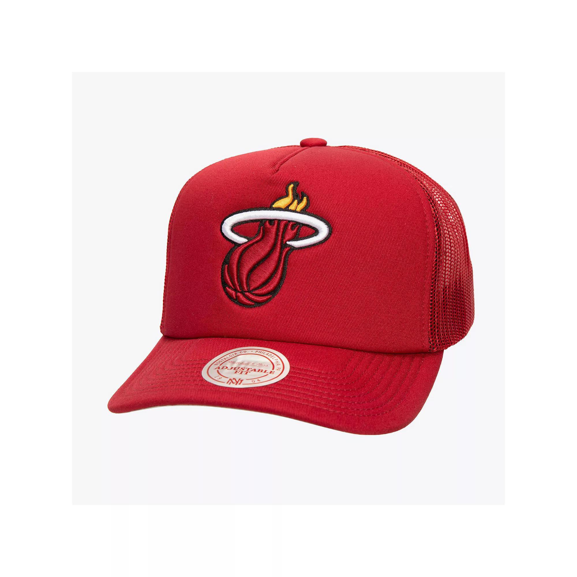Men's Mitchell & Ness Red Miami Heat Core Evergreen OTC Trucker Adjustable Hat Product Image