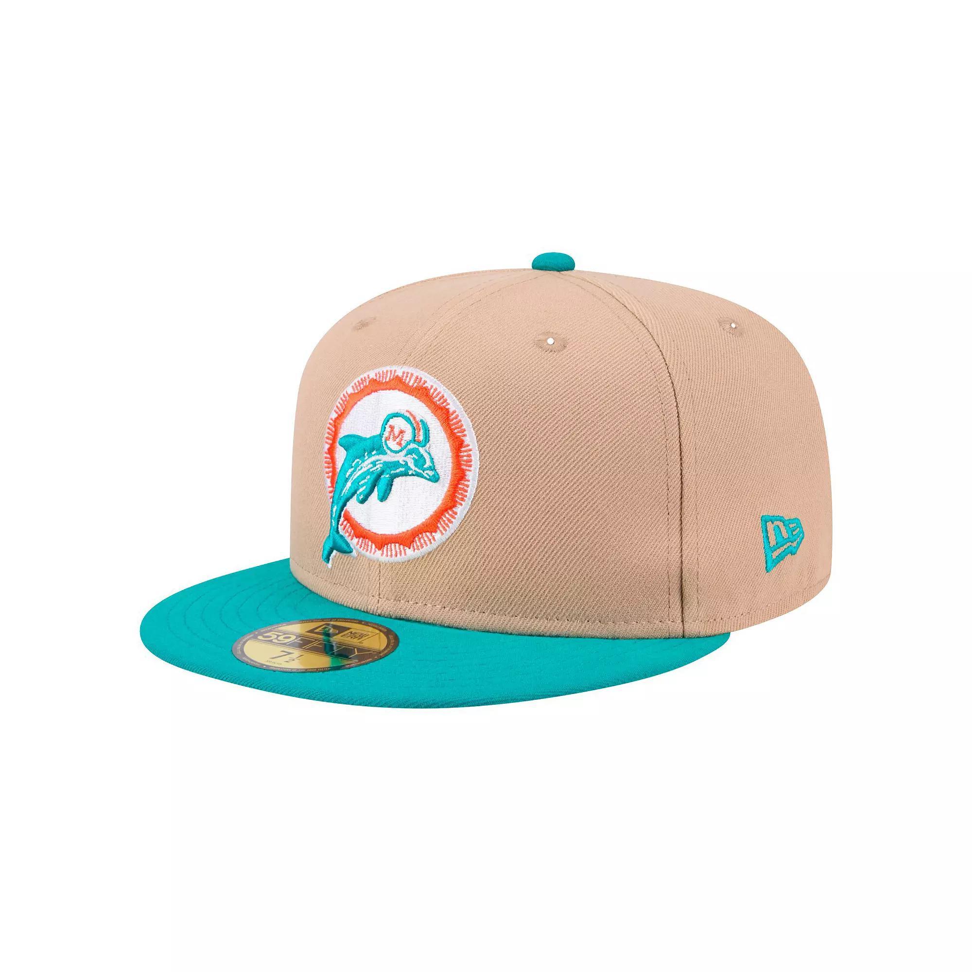 Men's New Era Tan Miami Dolphins  Throwback Logo Main 59FIFTY Fitted Hat, Size: 7 3/4, Team Product Image
