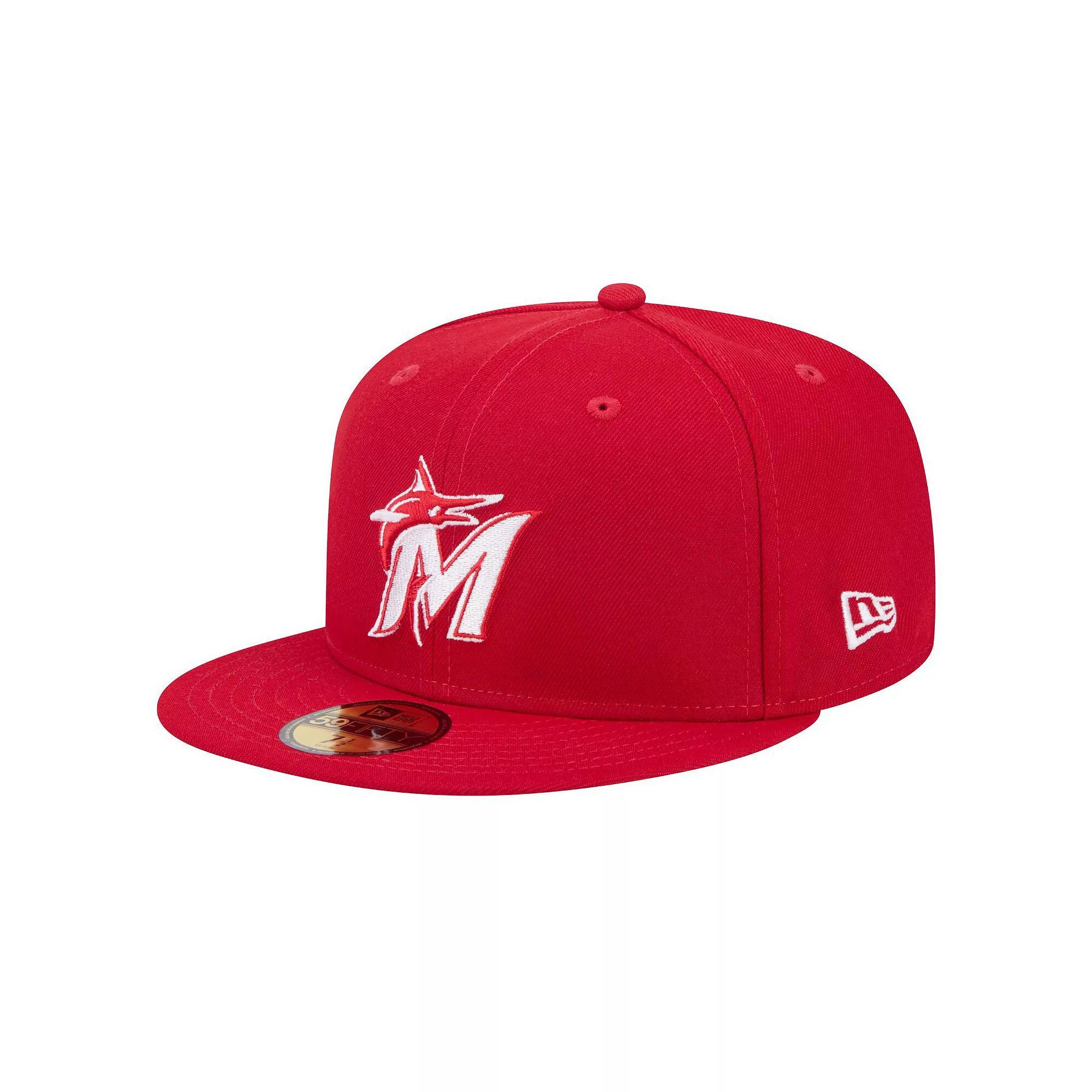 Men's New Era Red Miami Marlins White Logo 59FIFTY Fitted Hat, Size: 7 1/4 Product Image