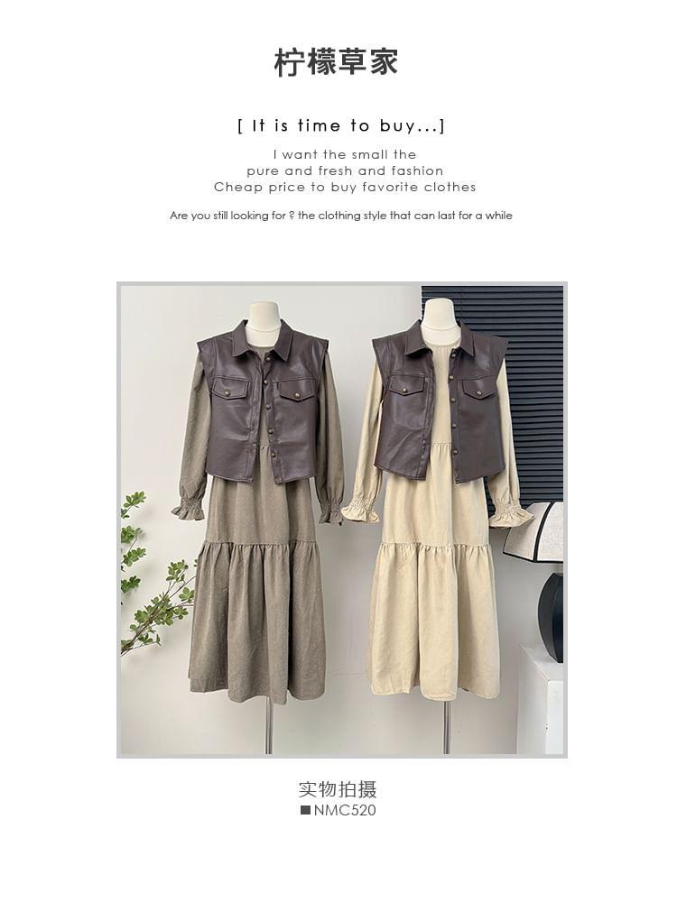 Beaded Loose A-Line Dress / Faux-Leather Vest Jacket Product Image