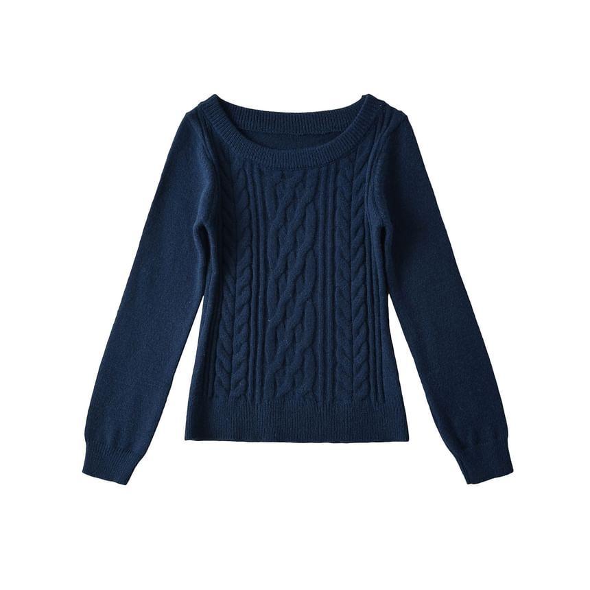 One-Shoulder Long-Sleeve Plain Cable Knit Sweater Product Image