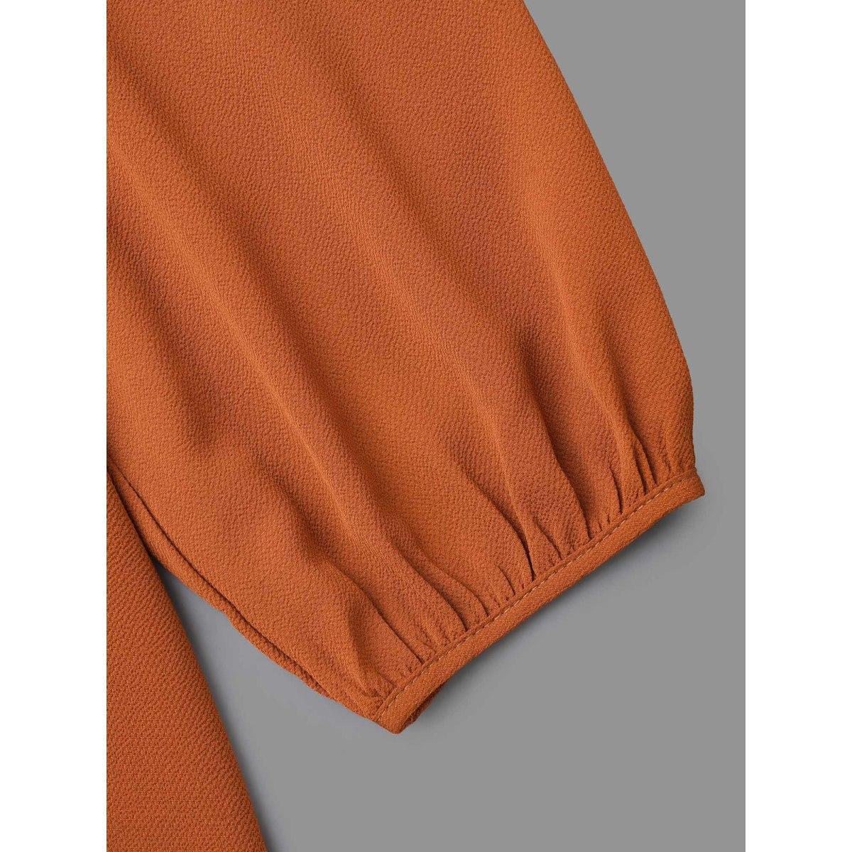 Plus Size Rust Notched Lace Trim Gathered Blouse Women Elegant Extra Long Sleeve Flat collar with V-notch Everyday Blouses BloomChic 10/M Product Image
