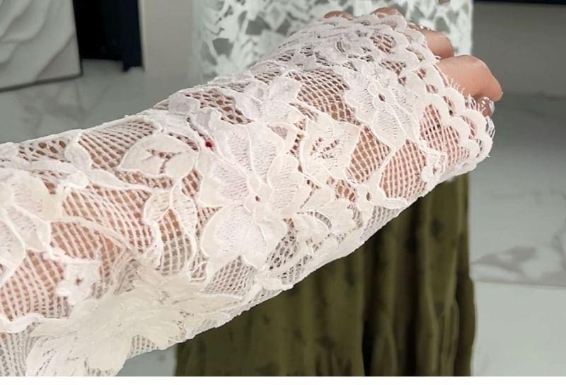 Long-Sleeve V-Neck Floral Lace Button Top Product Image