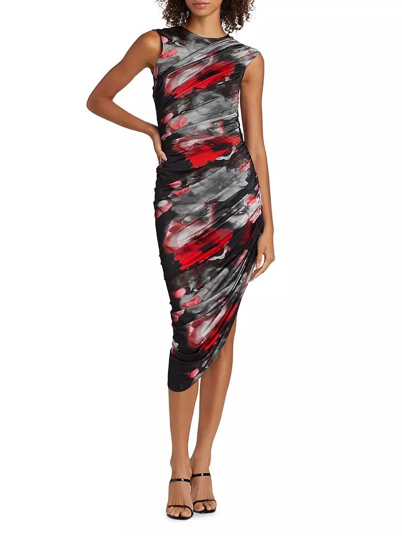 Womens Abstract-Print Ruched Asymmetric Midi-Dress Product Image