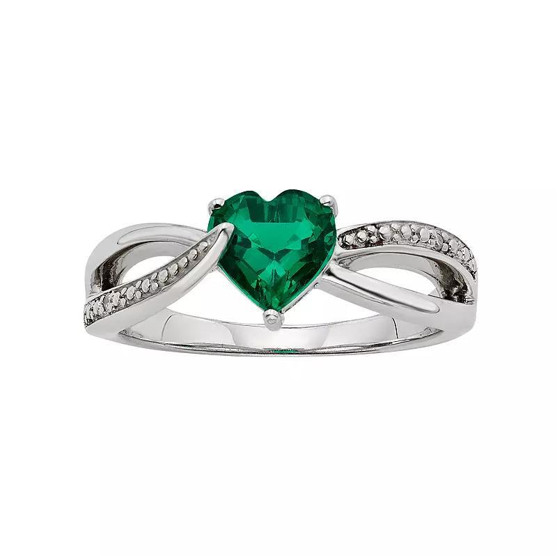 Lab-Created Emerald and Diamond Accent Sterling Silver Heart Bypass Ring, Women's, Size: 8, Green Product Image