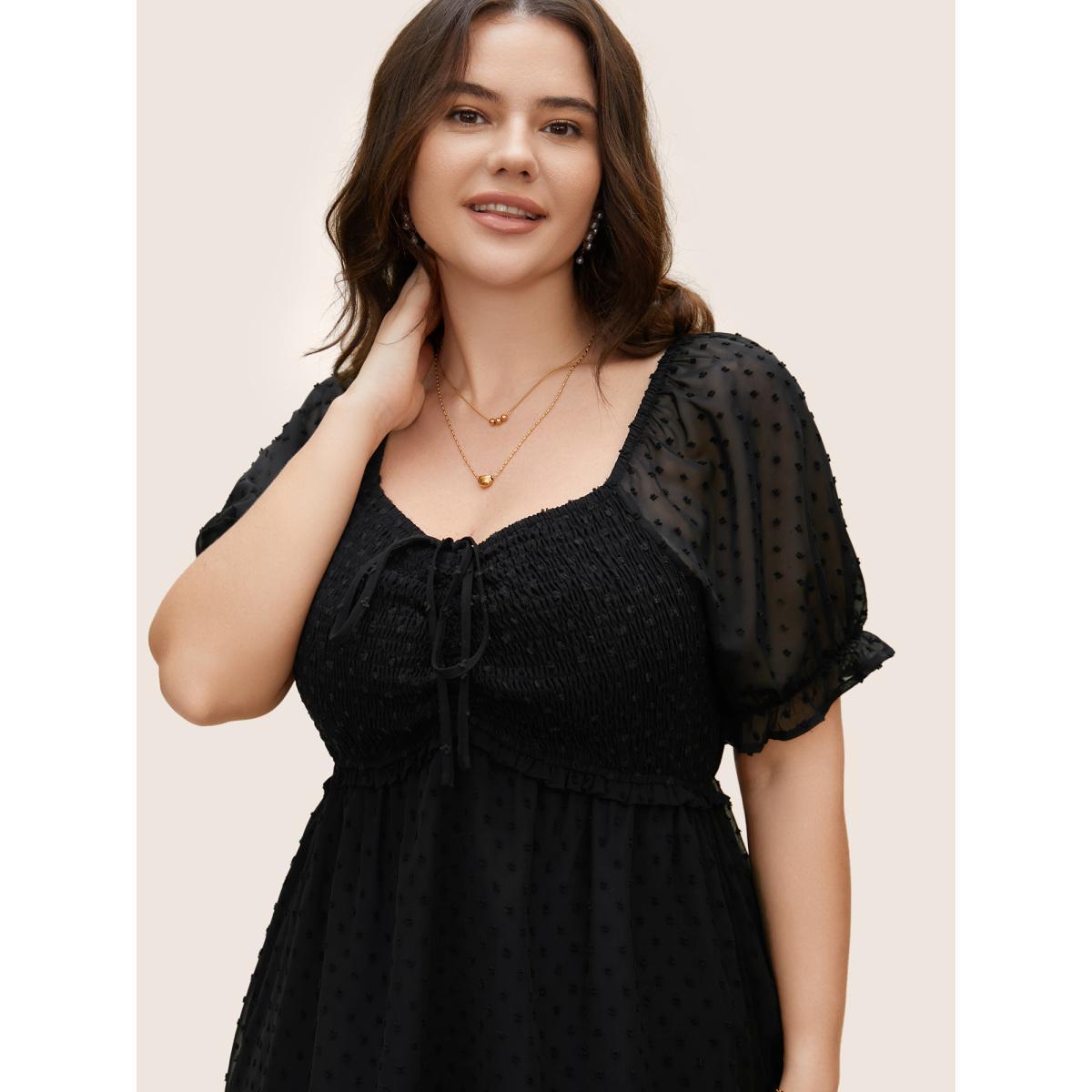 Plus Size Polka Dot Textured Mesh Shirred Drawstring Dress Black Women Elegant Texture V-neck Short sleeve Curvy BloomChic 10/M Product Image