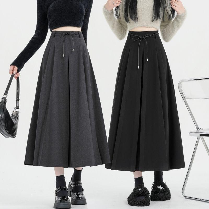 High-Waist Plain A-Line Midi Skirt Product Image